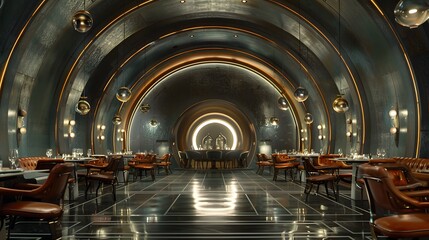 Futuristic restaurant interior with sleek, modern design and ambient lighting creates an exclusive dining atmosphere. 