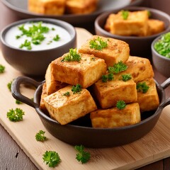 Indian delicious roasted cottage cheese cubes also called fried paneer
