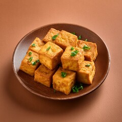 Indian delicious roasted cottage cheese cubes also called fried paneer on brown background