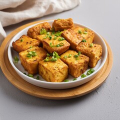 Indian delicious roasted cottage cheese cubes also called fried paneer on grey background