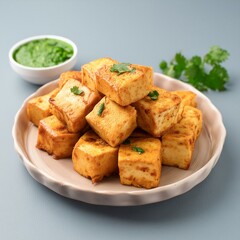 Indian delicious roasted cottage cheese cubes also called fried paneer on grey background