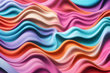 A dynamic abstract design featuring undulating waves of colorful fabric-like textures. The composition showcases a rich blend of hues including pink, orange, blue, and purple.