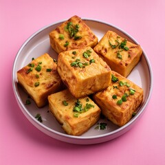 Indian delicious roasted cottage cheese cubes also called fried paneer on pink background