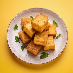 Indian delicious roasted cottage cheese cubes also called fried paneer on yellow background