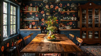 A cozy kitchen interior with floral wallpaper, a wooden table, and rustic cabinets accentuated by natural lighting and vibrant colors. 
