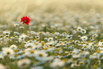 Bright red flower among white flowers in a field of wildflowers, concept of diversity and uniqueness