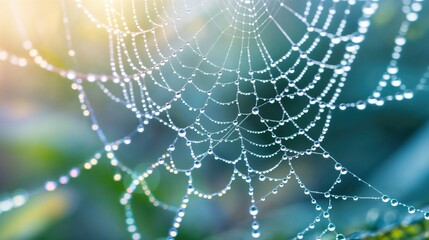 Close-up of a spider web glistening with dew