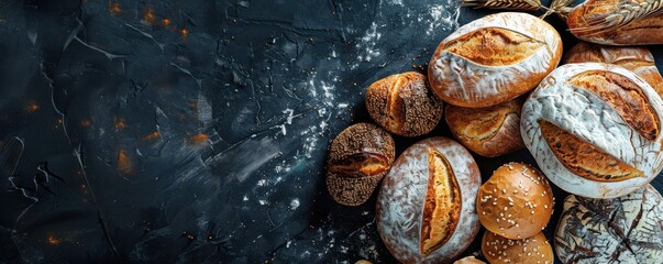 Assortment of baked bread on a wooden background, showcasing a variety of freshly baked goods. Free Copy space for text.