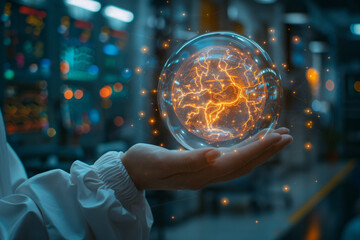 Woman's hand displaying a medical network hologram, bright hospital backdrop.