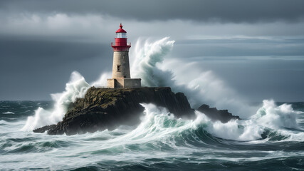 Obraz premium An isolated, ancient lighthouse on a rocky cliff surrounded by turbulent ocean waves, Generative AI