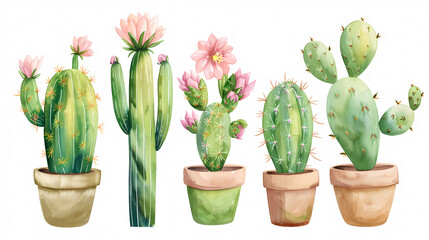 Fototapeta premium Watercolor illustration of potted cactus plants with pink flowers.