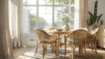 Bright and airy dining room with wicker chairs and a wooden table decorated with fresh flowers by a large window with sheer curtains, embodying a modern cozy interior design concept. 