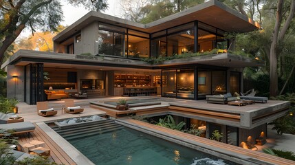 Fototapeta premium Luxurious modern house with large windows, outdoor seating, and a swimming pool, captured at twilight 