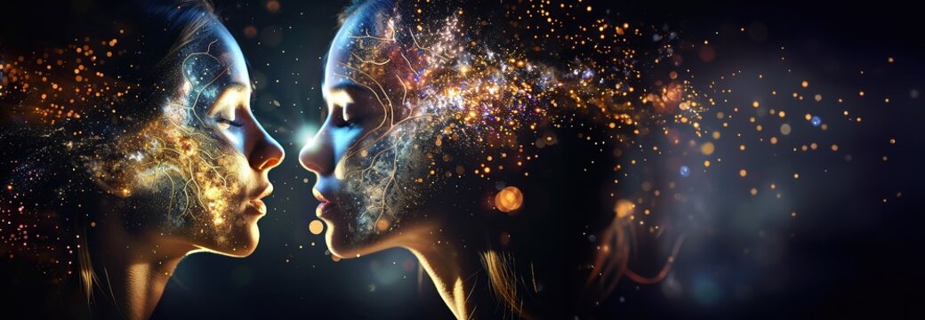 Two woman heads facing each other, black background. Superimposition of lights, swirls, cosmos. Concept of empathy, cosmic love, empathy, compassion, spiritual wholeness. Twin souls, flames.