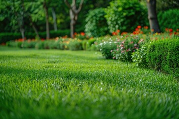 Obraz premium A serene outdoor scene with lush green grass, colorful flowers, and shrubs