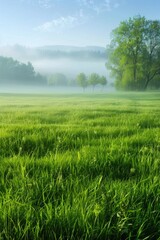 Fototapeta premium Lush green grass with trees in the background, ideal for outdoor scenes or nature-inspired compositions