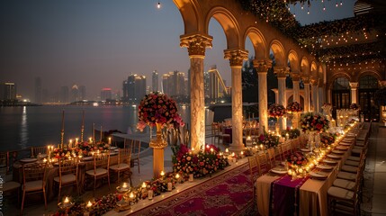 Elegant outdoor wedding reception setup with illuminated decorations at dusk overlooking a city skyline, creating a romantic atmosphere. 