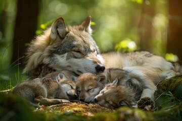 Obraz premium Mother wolf with her newborn cubs together, new life and family concept
