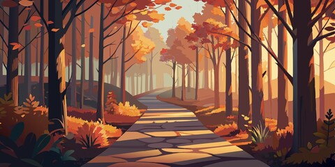 Autumn Forest Path with Misty Morning Light

