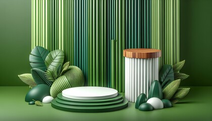 The platform is surrounded by green and white abstract shapes, creating a sense of depth and texture. Green leaves and bamboo-like shapes create a natural and organic feel.