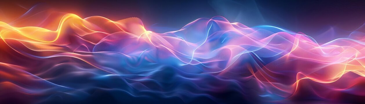 Abstract light waves, dark background, fluid motion, neon glow