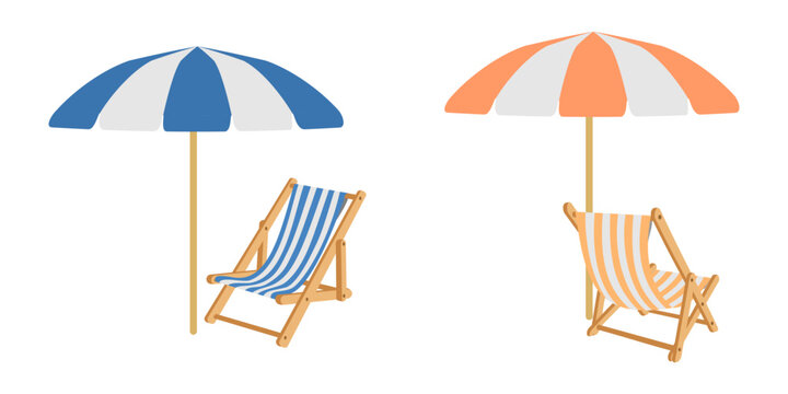 beach chair and umbrella vector set, deck chair front view and side view. vector illustration isolated on white background.