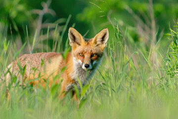 Fototapeta premium A fox prowls through tall grass, body low and eyes sharp, hunting prey