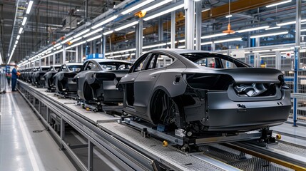 Car production line with cars in different stages of the innovative manufacturing process