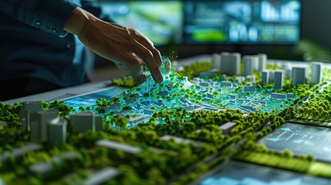 An urban planner interacts with a detailed city model, focusing on sustainable development and green spaces. AIG41