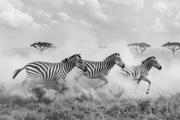Fototapeta premium A group of zebras runs across the savannah, dust rising from their hooves