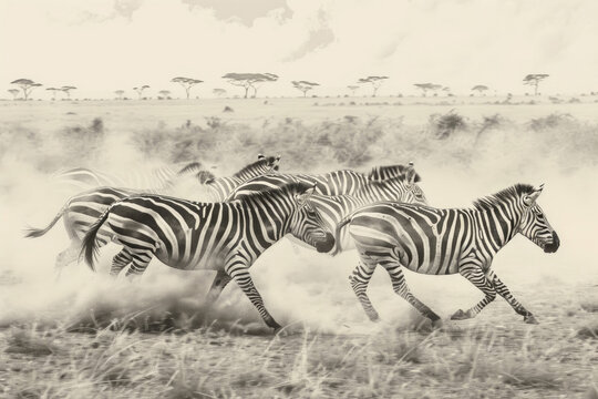 A group of zebras runs across the savannah, dust rising from their hooves