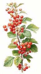Artistic illustration of a raspberry plant with vibrant red berries and green leaves, evoking nature and botanical beauty.