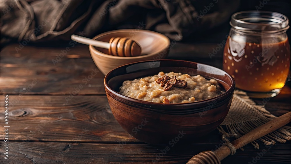 Sticker bowl of creamy oatmeal topped with honey and nuts on a wooden table.