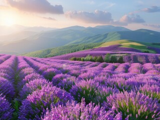 Obraz premium A vast lavender field at sunset, with rolling hills in the background