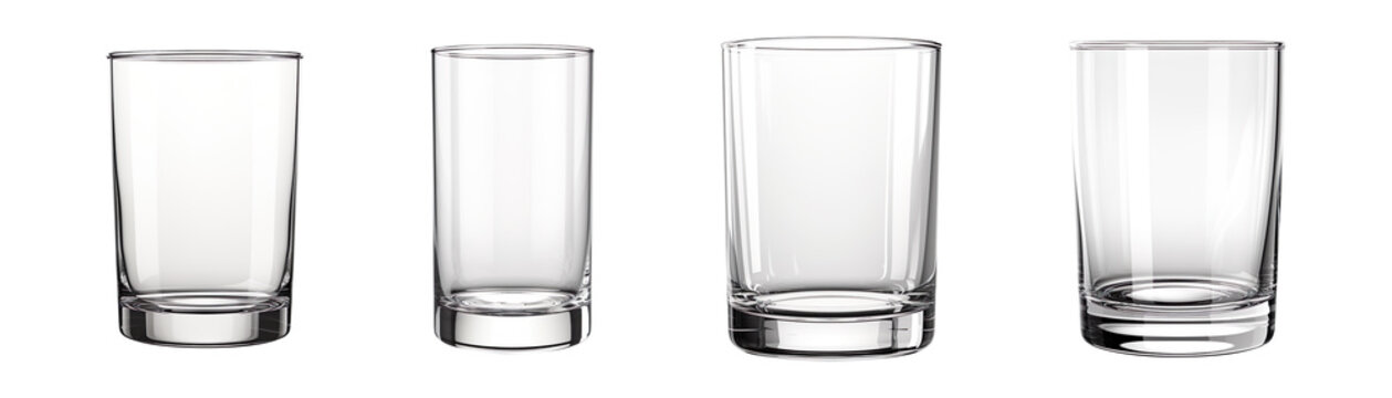 Collection of empty drinking glasses isolated on transparent background