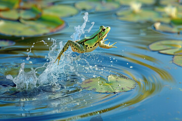 Obraz premium A frog leaps from a lily pad, mid-air over the water, legs stretched out