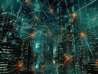 Cityscape Interconnected Through Digital Data Lines - Urban Cyber Network Connection Concept