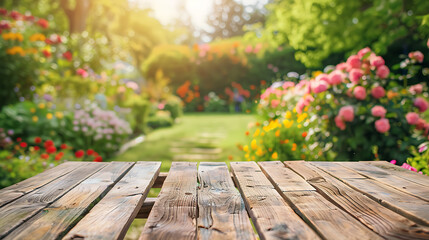 wooden table with blur green nature background for display product	