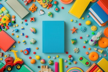 A bright and colorful scene featuring a blue book surrounded by various childrens toys, perfect for educational centers and bookstores. Generative AI