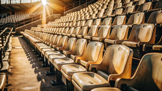 Rows of empty wooden seats in an old theater.