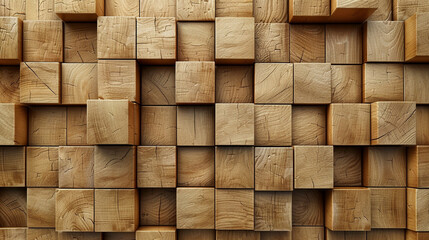 Fototapeta premium 3d wooden square cubes wall background. Wallpaper of natural brown timber blocks stack. AI generated