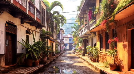 Fototapeta premium A colorful street scene with a mix of buildings and awnings.