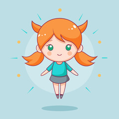 A simple illustration of a cute chibi girl with orange hair in ponytails floating with her eyes opened.
