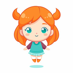 Minimalistic illustration of a cute chibi girl with orange ponytails floating with her eyes opened.
