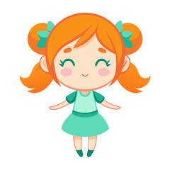 Cute girl with orange hair in ponytails floating in a dreamy pose with her eyes closed.
