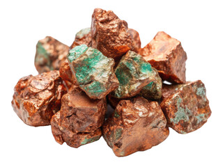 A pile of copper ore rocks with patina. Natural specimens displaying a blend of reddish-brown and greenish-blue hues. Isolated on transparent background, png.