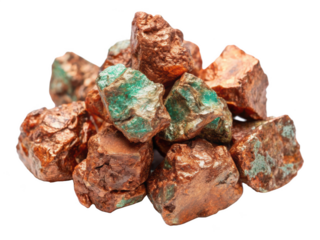 A pile of copper ore rocks with patina. Natural specimens displaying a blend of reddish-brown and greenish-blue hues. Isolated on transparent background, png.