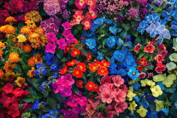 A colorful top-down view of a patchwork of different flowers creating a vibrant display