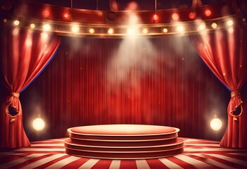 Explore a vibrant circus stage podium with 3D carnival lights, red show curtains, vintage sign, spotlight, ringmaster, and cartoon party atmosphere for cinema and events.