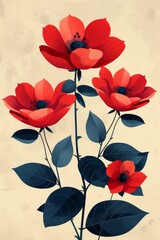 Retro Vector Illustration of Three Red Flowers With Blue Leaves